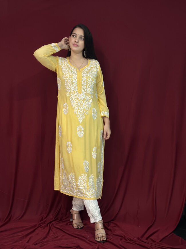 Yellow Modal Fabric 3D Work kurti Pattern-straight - Image 3