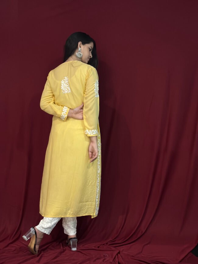 Yellow Modal Fabric 3D Work kurti Pattern-straight - Image 4