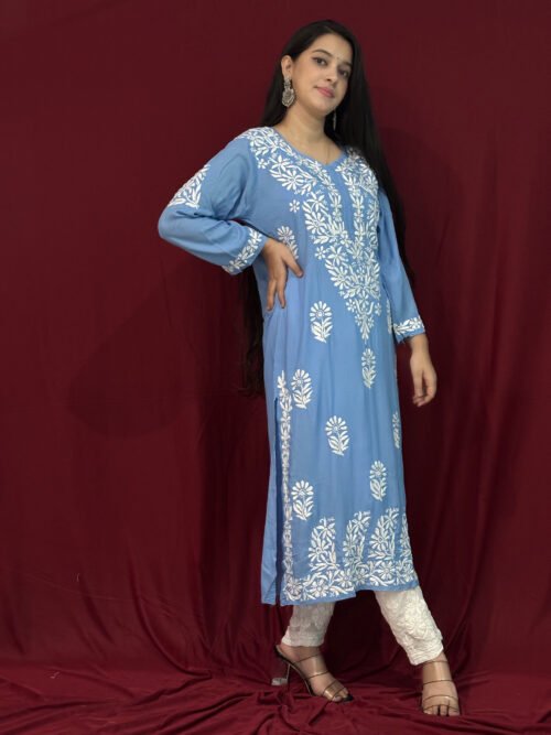 Blue Modal Fabric 3D Work kurti Pattern-straight