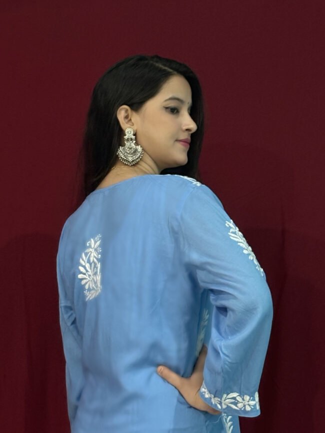 Blue Modal Fabric 3D Work kurti Pattern-straight - Image 4
