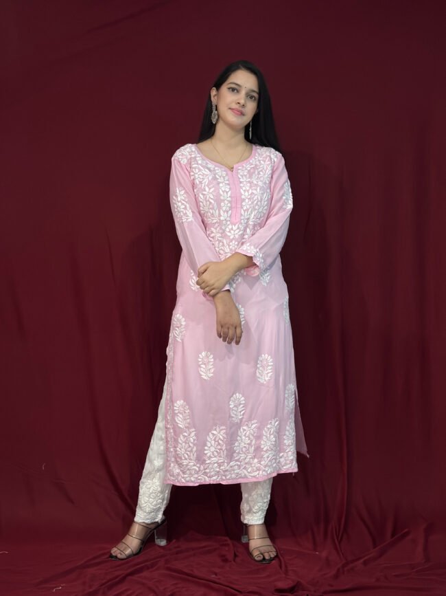 Baby Pink Modal Fabric 3D Work kurti Pattern-straight - Image 2