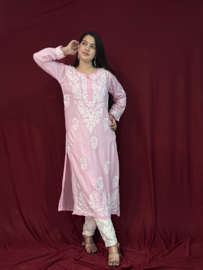 Baby Pink Modal Fabric 3D Work kurti Pattern-straight - Image 3