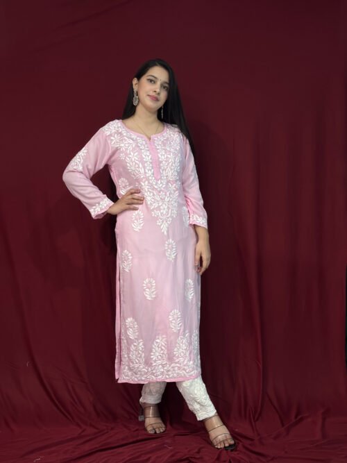 Baby Pink Modal Fabric 3D Work kurti Pattern-straight