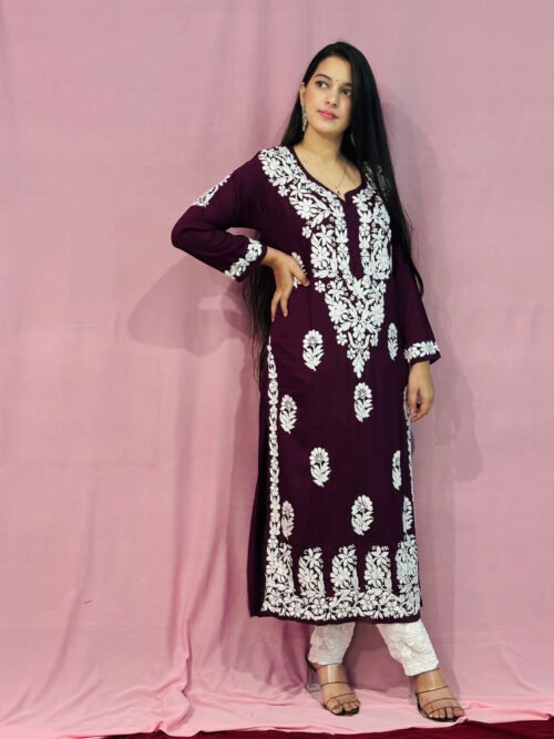 Wine-color Modal Fabric 3D Work kurti Pattern-straight