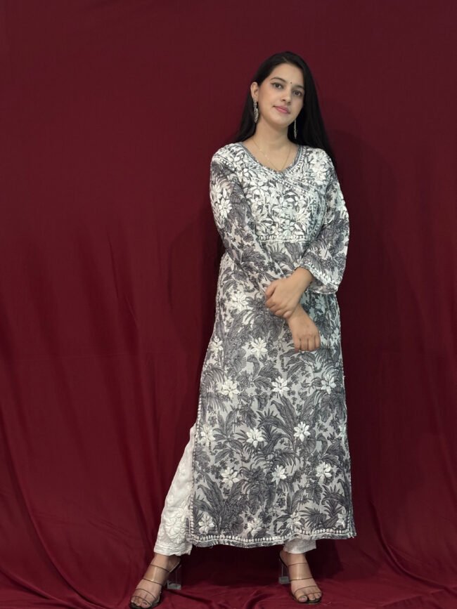 Beautiful black-grey Mul-Mul Fabric 3D Work Kurti Angrakha Style - Image 2