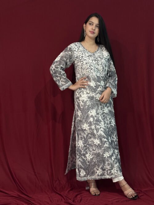 Beautiful black-grey Mul-Mul Fabric 3D Work Kurti Angrakha Style