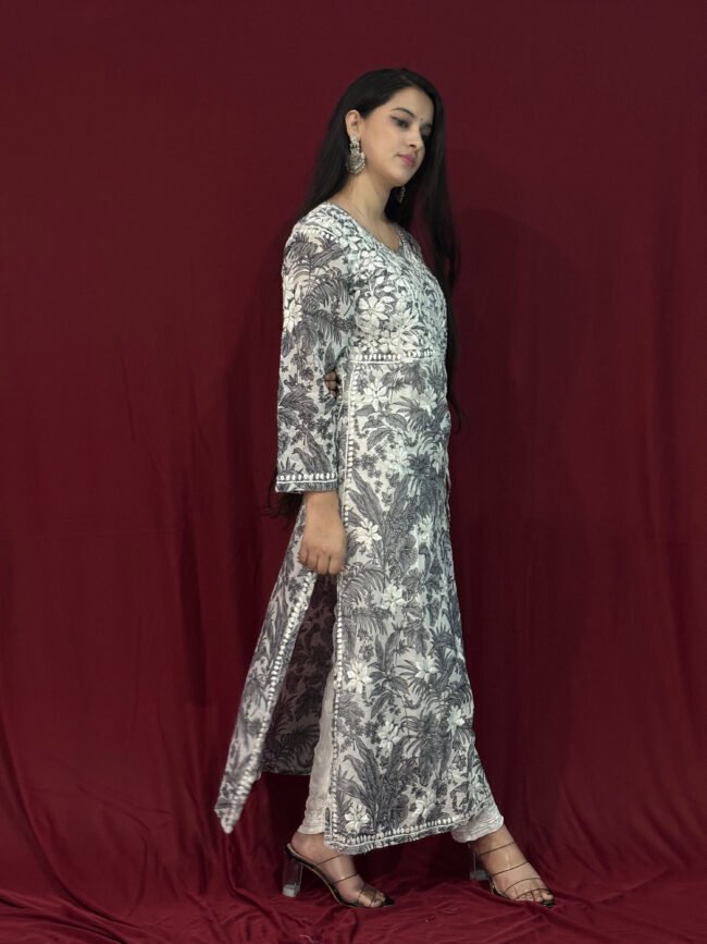 Beautiful black-grey Mul-Mul Fabric 3D Work Kurti Angrakha Style - Image 3