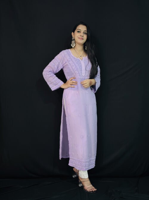 Lavender viscose with Mukaish 6d hand-work chikankari kurti