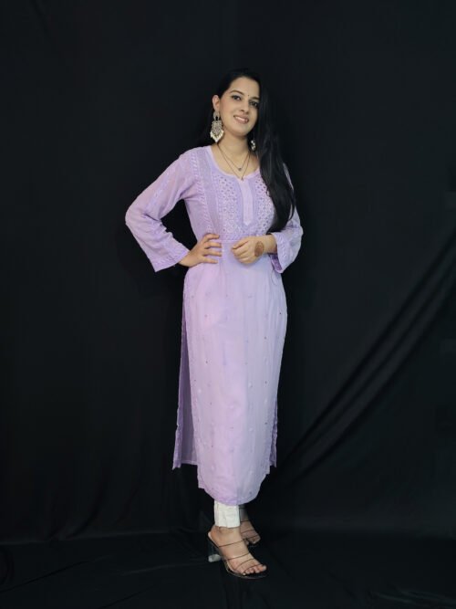 Lavender viscose with Mukaish 6d hand-work chikankari kurti