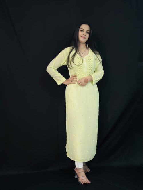 Lime color viscose with Mukaish 6d hand-work chikankari kurti
