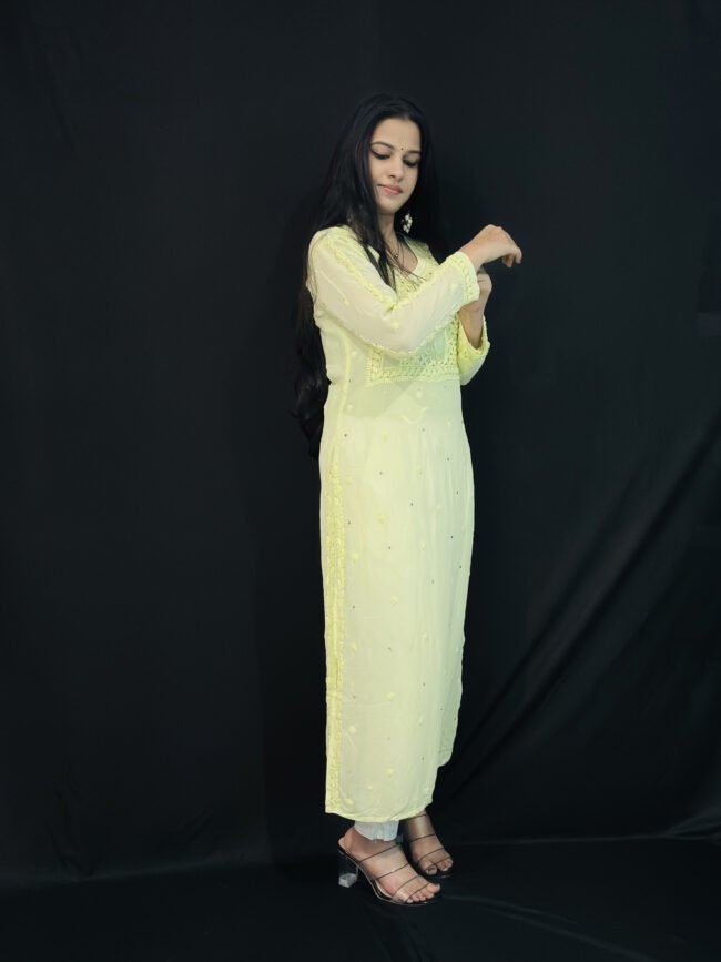 Lime color viscose with Mukaish 6d hand-work chikankari kurti - Image 2