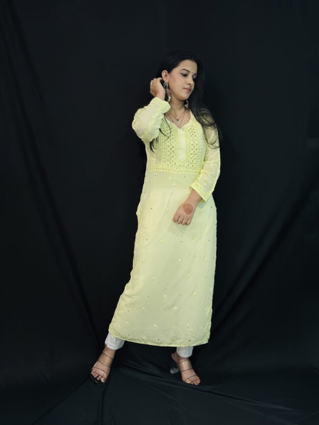 Lime color viscose with Mukaish 6d hand-work chikankari kurti - Image 3