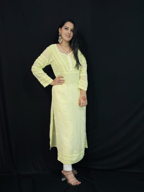 Lime color viscose with Mukaish 6d hand-work chikankari kurti