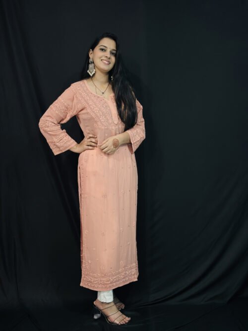 Peach viscose with Mukaish 6d hand-work chikankari kurti