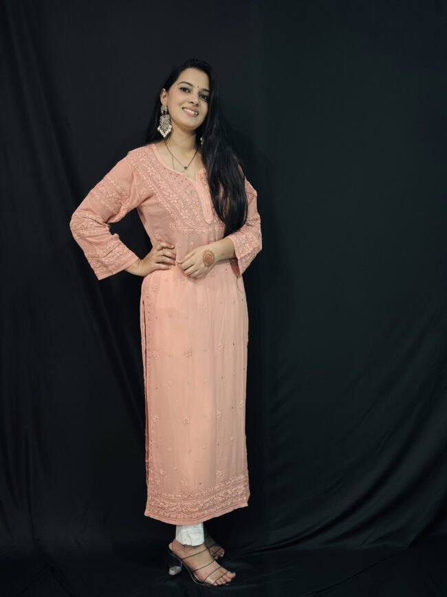 Peach viscose with Mukaish 6d hand-work chikankari kurti