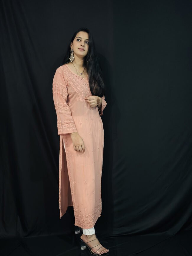 Peach viscose with Mukaish 6d hand-work chikankari kurti - Image 3