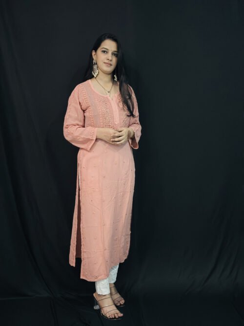 Peach viscose with Mukaish 6d hand-work chikankari kurti