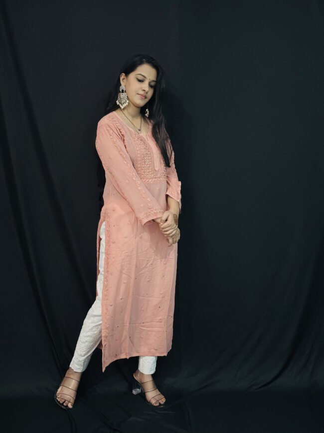 Peach viscose with Mukaish 6d hand-work chikankari kurti - Image 3