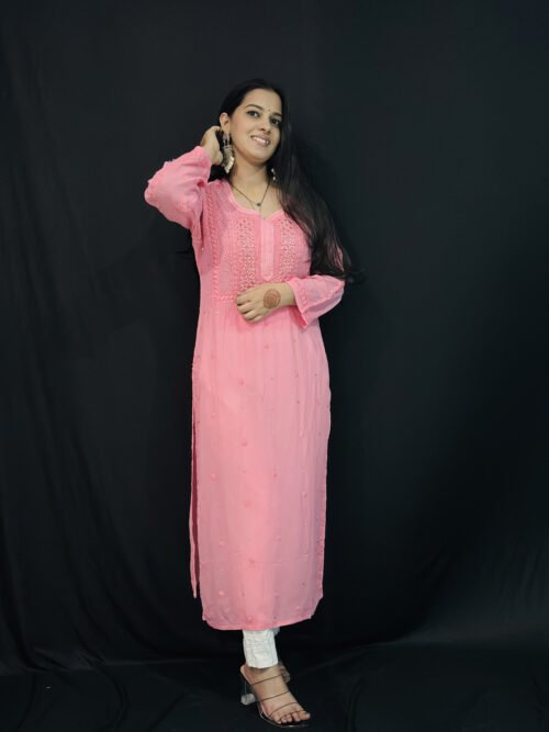 Baby Pink viscose with Mukaish 6d hand-work chikankari kurti