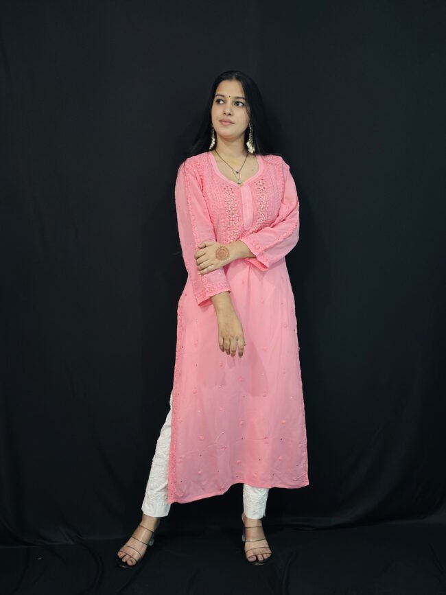 Baby Pink viscose with Mukaish 6d hand-work chikankari kurti - Image 2