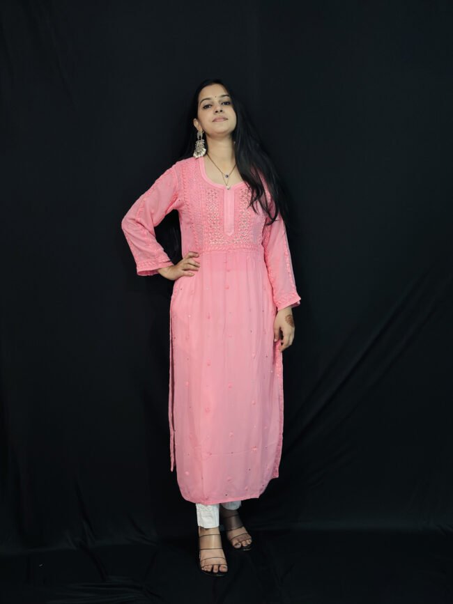 Baby Pink viscose with Mukaish 6d hand-work chikankari kurti - Image 3