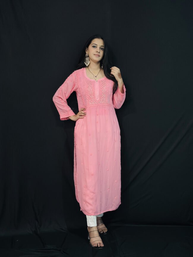 Baby Pink viscose with Mukaish 6d hand-work chikankari kurti - Image 4