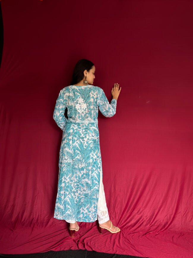 Blue-White Mul-Mul Fabric 3D Work Kurti Angrakha Style - Image 4