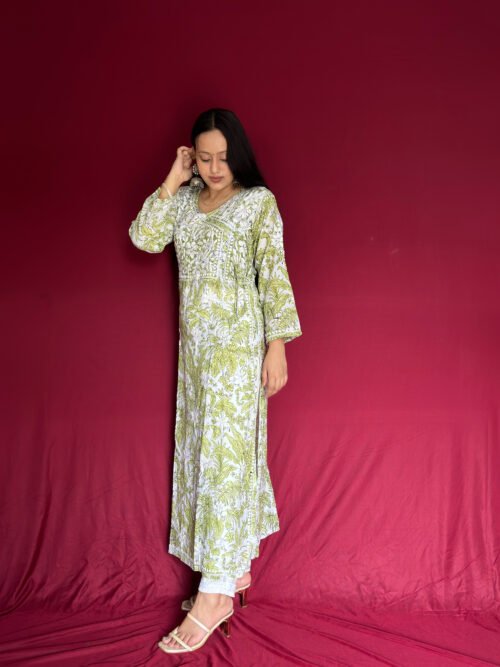 Green-White Mul-Mul Fabric 3D Work Kurti Angrakha Style