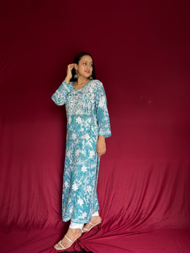 Blue-White Mul-Mul Fabric 3D Work Kurti Angrakha Style - Image 2