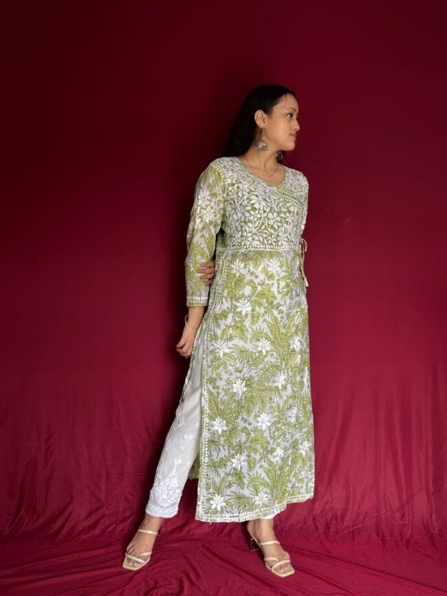 Green-White Mul-Mul Fabric 3D Work Kurti Angrakha Style - Image 3