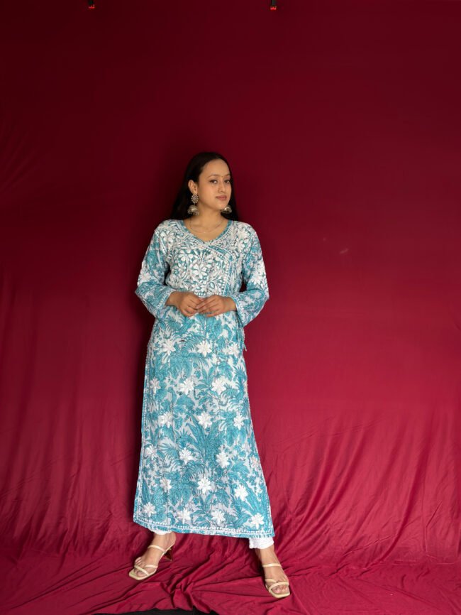 Blue-White Mul-Mul Fabric 3D Work Kurti Angrakha Style