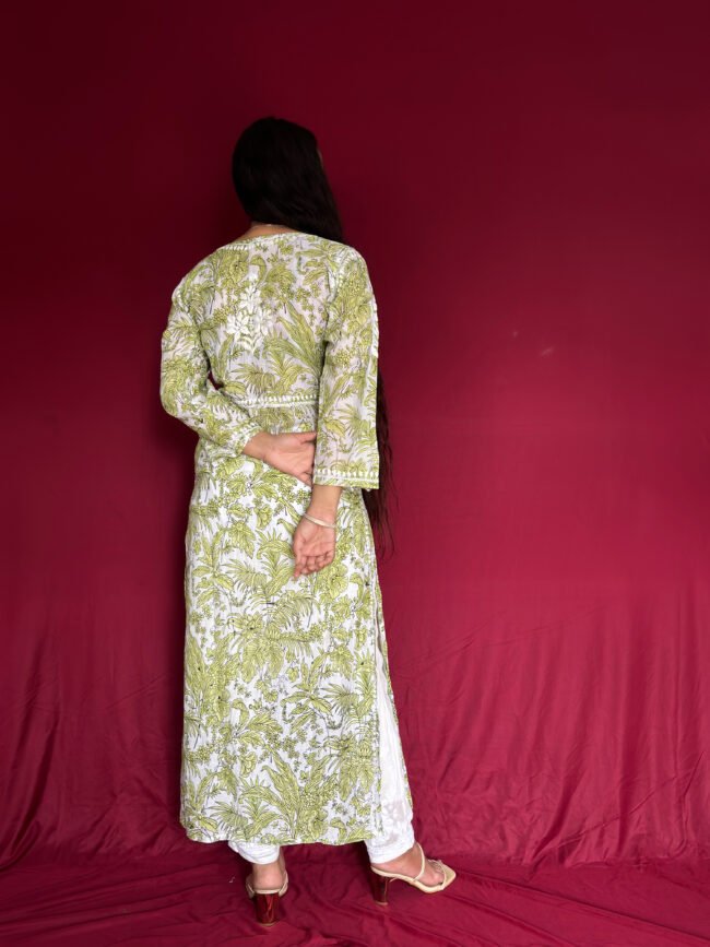 Green-White Mul-Mul Fabric 3D Work Kurti Angrakha Style - Image 4