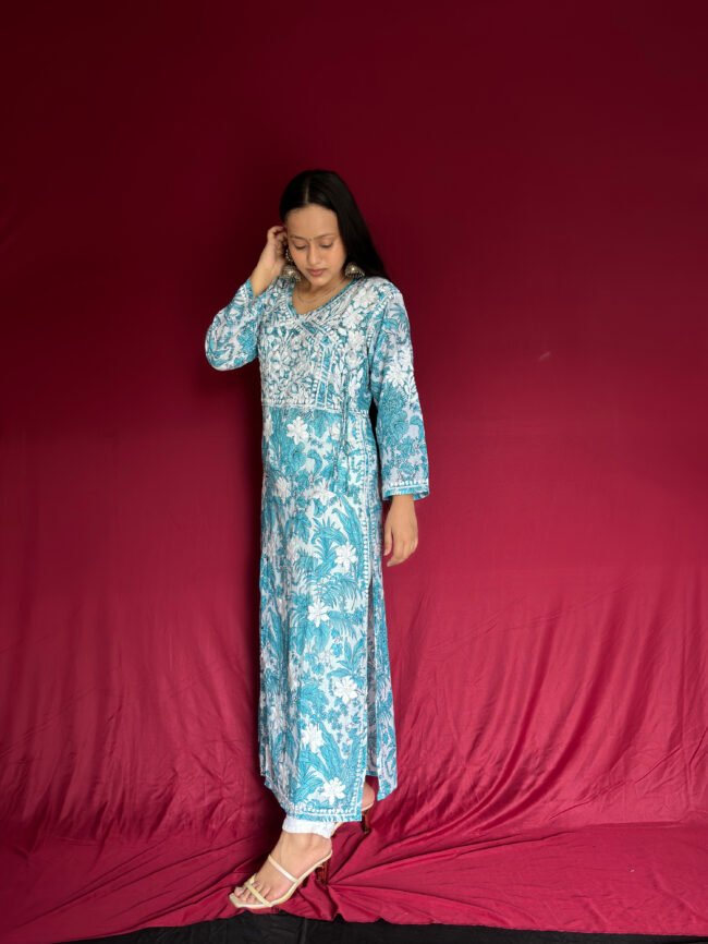 Blue-White Mul-Mul Fabric 3D Work Kurti Angrakha Style - Image 3