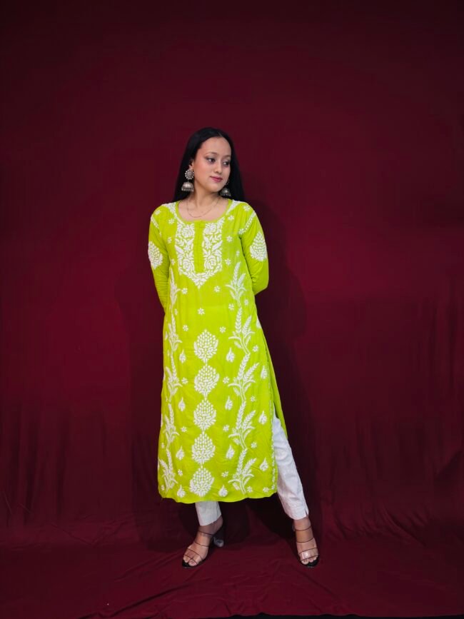 Neon Green Modal Fabric 3D work pattern Kurti