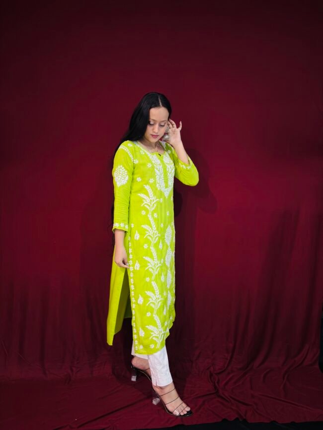 Neon Green Modal Fabric 3D work pattern Kurti - Image 2