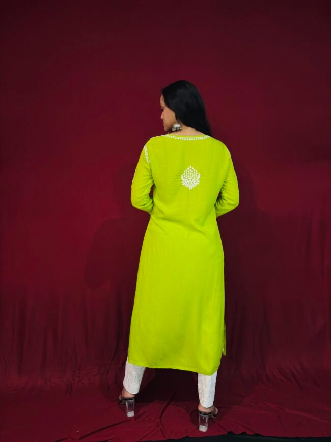 Neon Green Modal Fabric 3D work pattern Kurti - Image 3