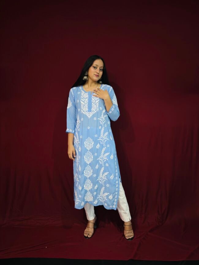 Sky Blue Modal Fabric 3D work pattern Kurti - Image 2