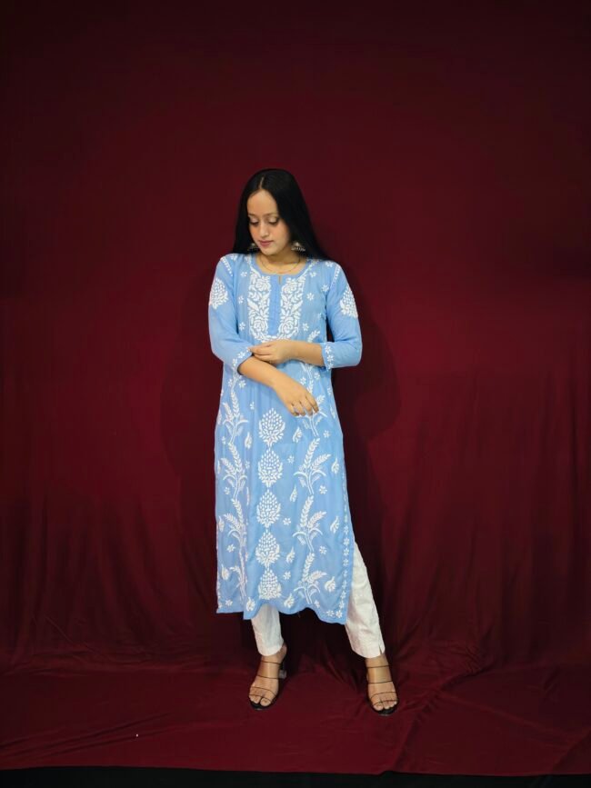 Sky Blue Modal Fabric 3D work pattern Kurti - Image 3