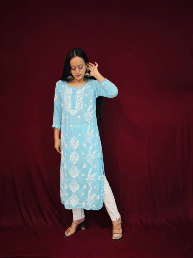 Light Blue Modal Fabric 3D work pattern Kurti - Image 2