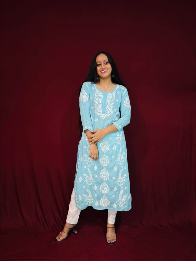 Light Blue Modal Fabric 3D work pattern Kurti - Image 3