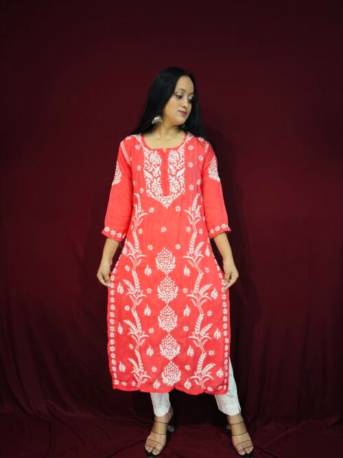 Light Red Modal Fabric 3D work pattern Kurti