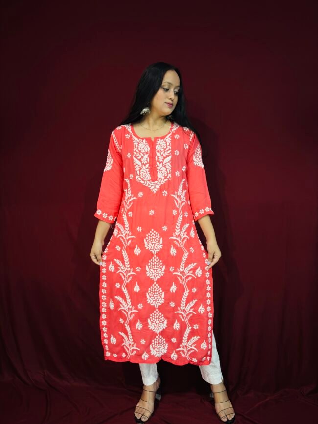 Light Red Modal Fabric 3D work pattern Kurti
