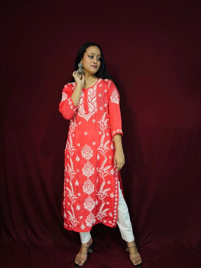 Light Red Modal Fabric 3D work pattern Kurti - Image 2