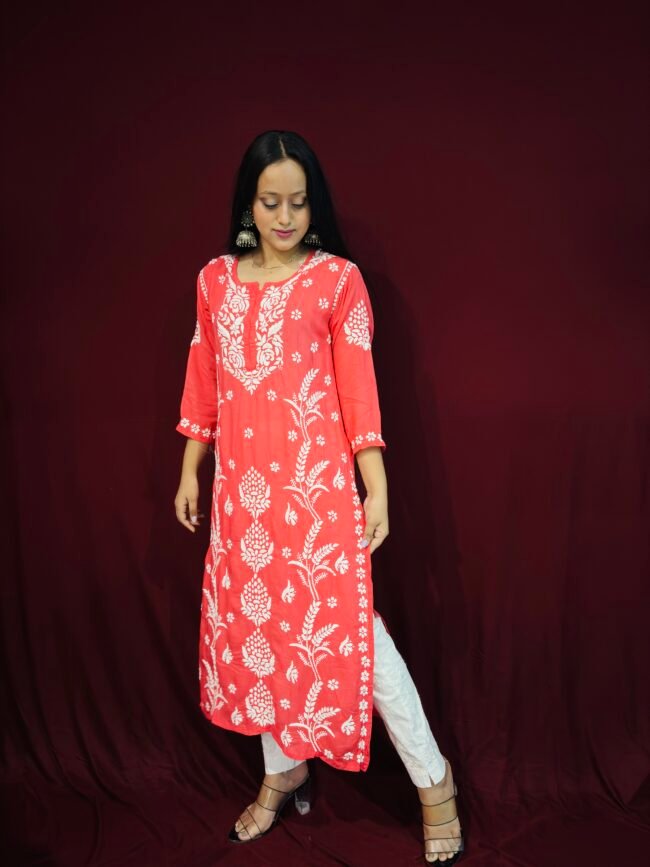 Light Red Modal Fabric 3D work pattern Kurti - Image 3