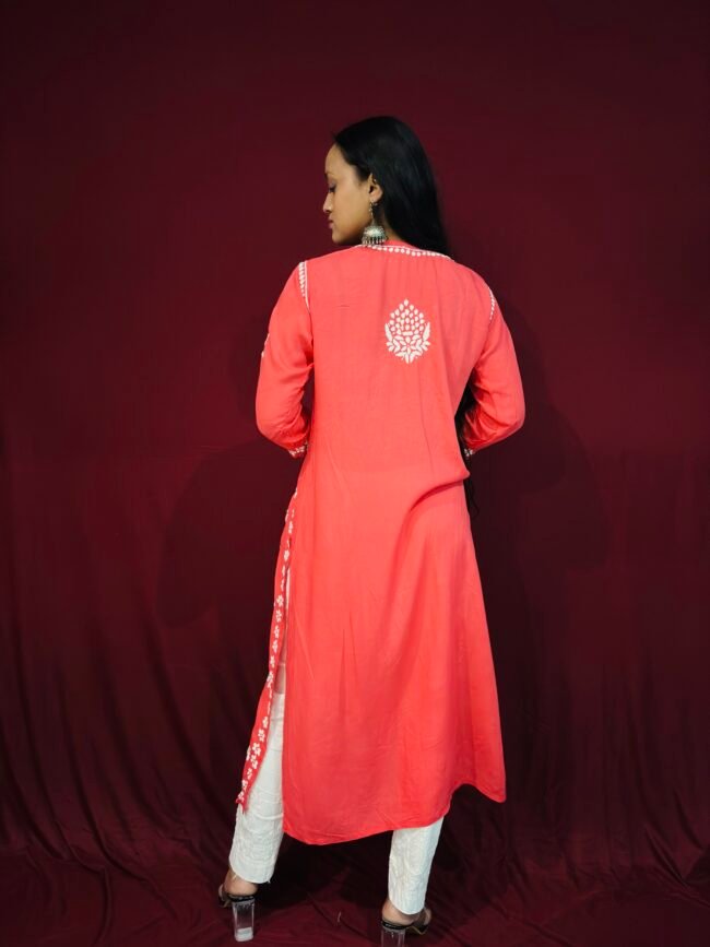Light Red Modal Fabric 3D work pattern Kurti - Image 4
