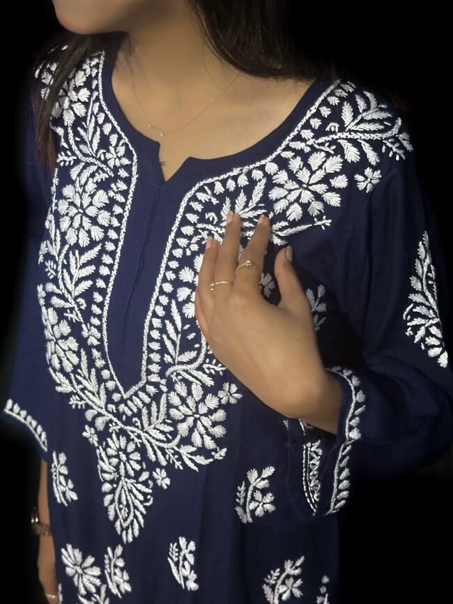Beautiful Navy Blue RAYON Fabric 3D Work Design - Image 2