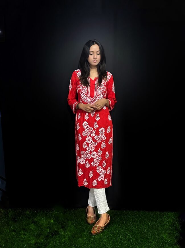 Beautiful Red RAYON Fabric 3D Work Design