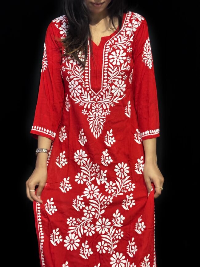 Beautiful Red RAYON Fabric 3D Work Design - Image 2
