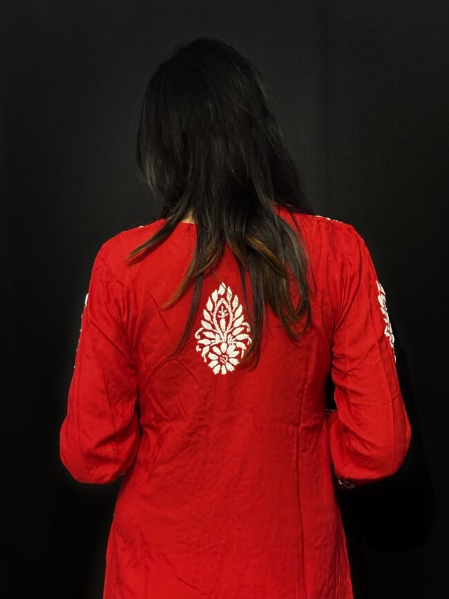 Beautiful Red RAYON Fabric 3D Work Design - Image 3