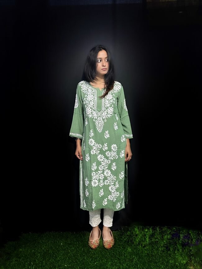 Beautiful Green RAYON Fabric 3D Work Design